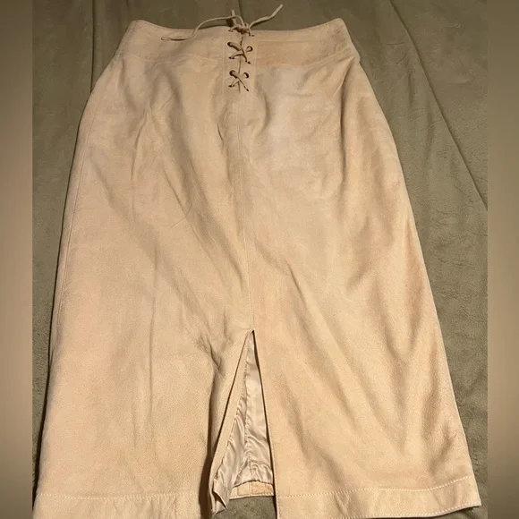 Adrienne Vittadini Pale Peach Genuine Leather High Waist Vintage Skirt Size 8 - Picture 4 of 5
